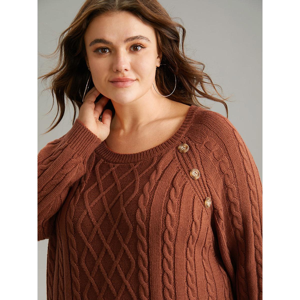 Plus Size Button Detail Cable Knit Raglan Sleeve Pullover Rust Women Casual Loose Long Sleeve Round Neck Dailywear Pullovers BloomChic 18-20/2X Product Image