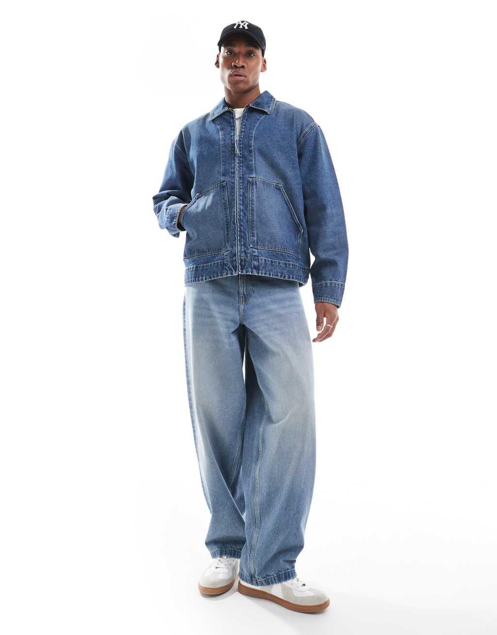 ASOS DESIGN harrington jacket in mid wash blue Product Image