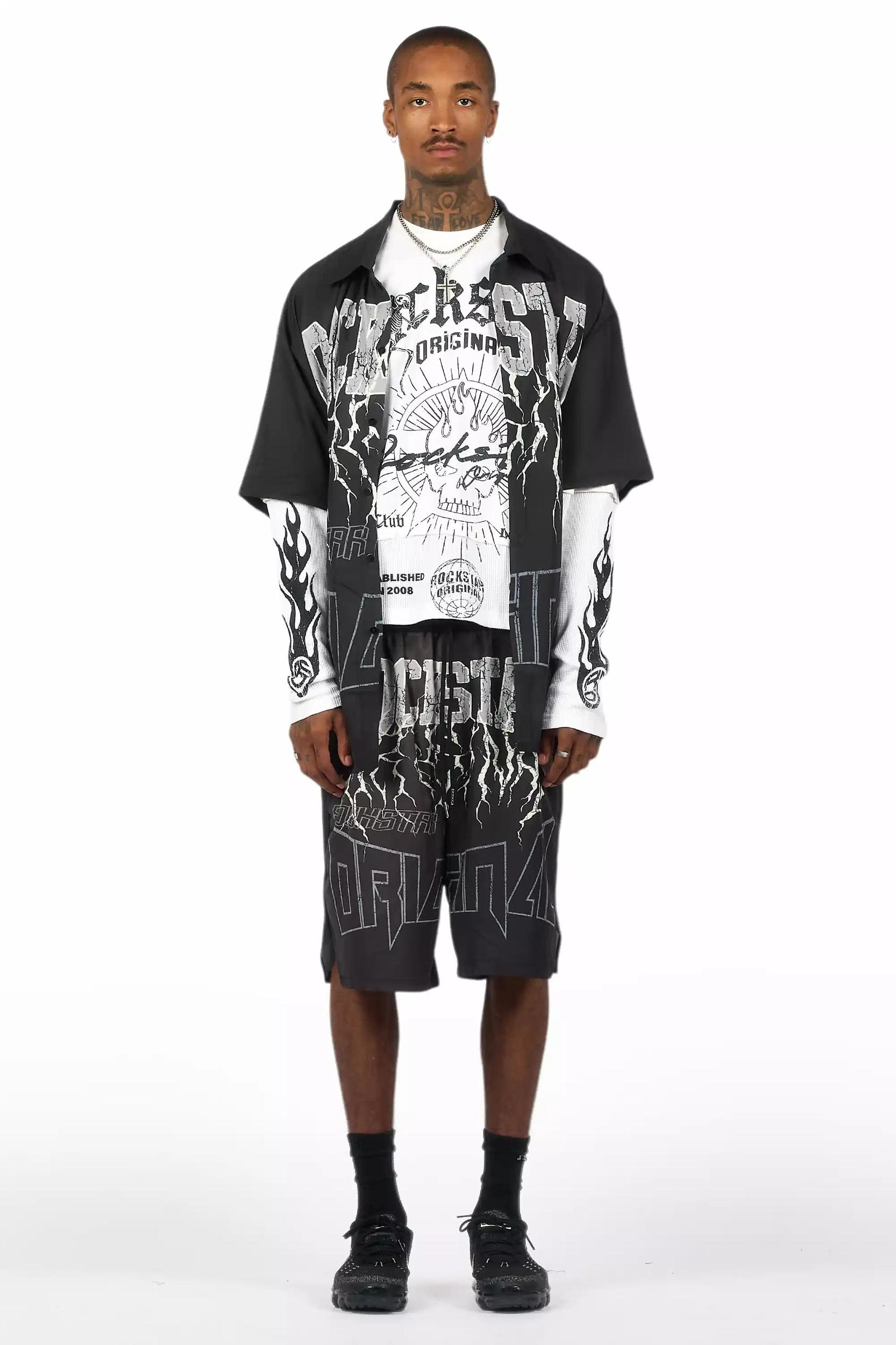 Hustle Black Button Down Short Set Male Product Image