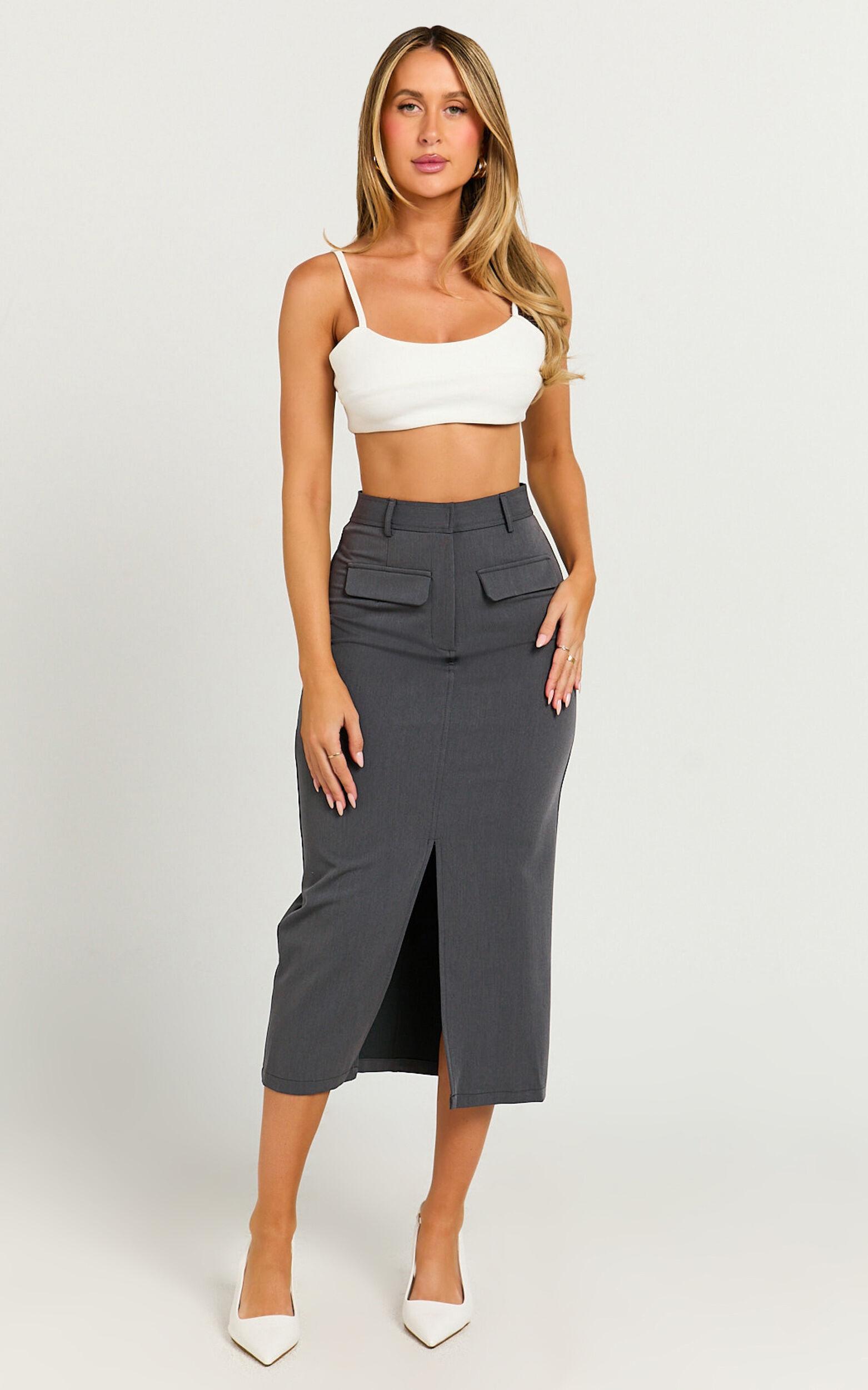 Brylee Midi Skirt - High Waisted Front Split Skirt in Charcoal Product Image