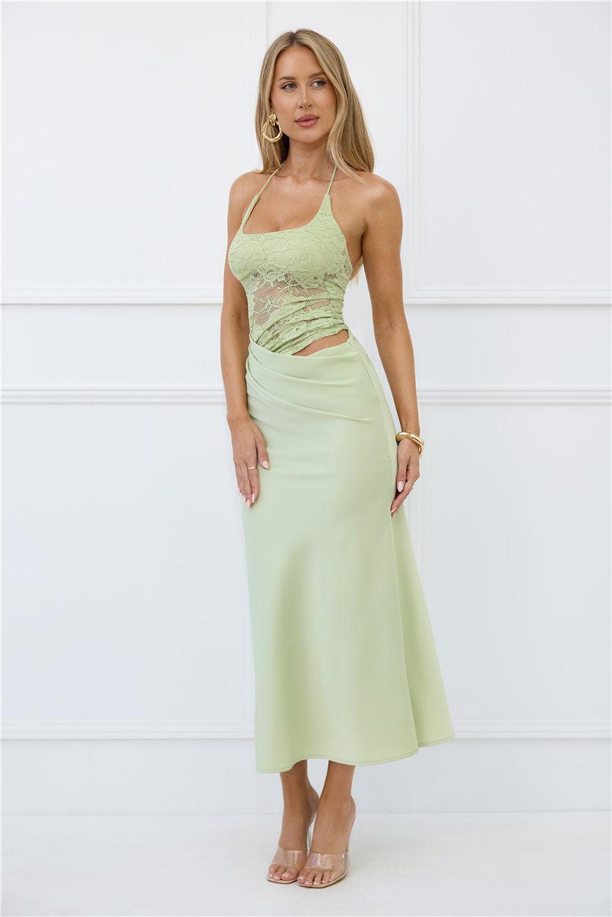 Radiate Positivity Halter Lace Maxi Dress Sage Product Image