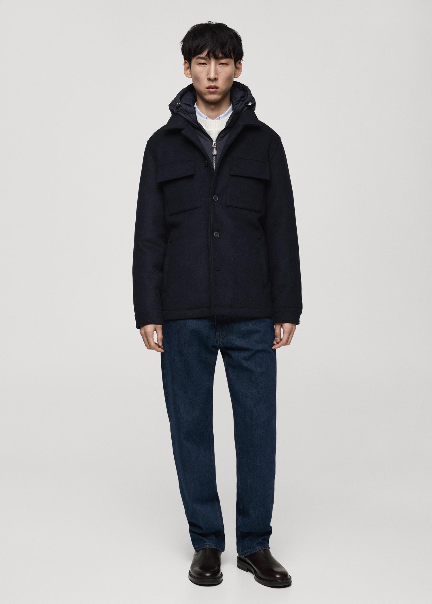 Wool blend coat with detachable hood - Men | MANGO USA Product Image