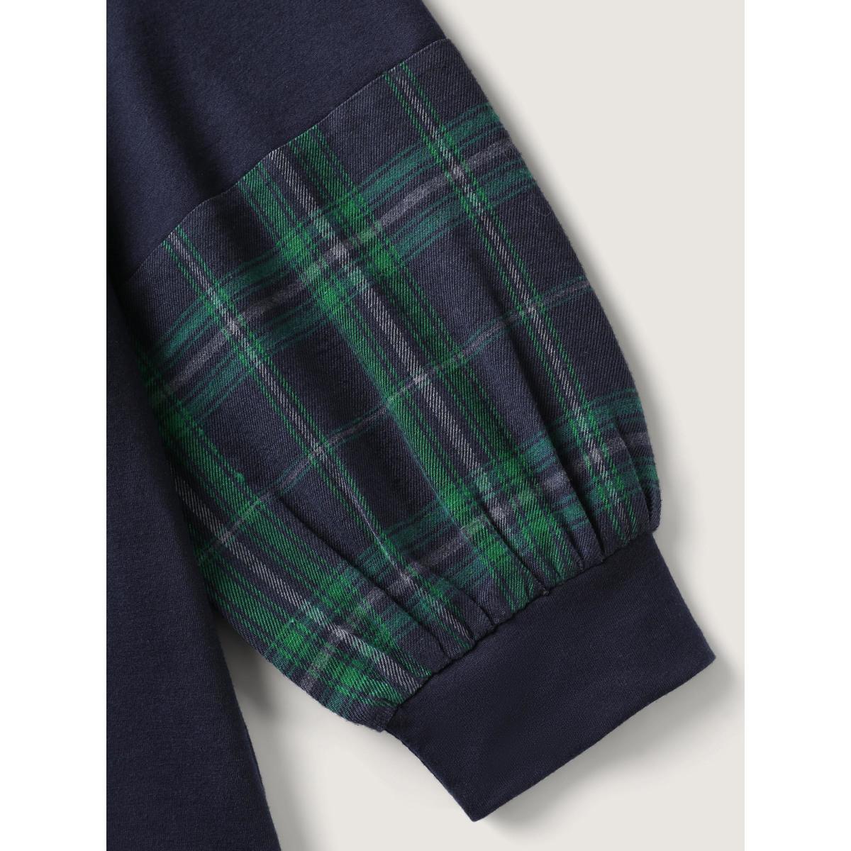 Plus Size Plaid Sleeve Color Contrast Sweatshirt Women Indigo Contrast Loose V-neck Casual Sweatshirts BloomChic 18-20/2X Product Image