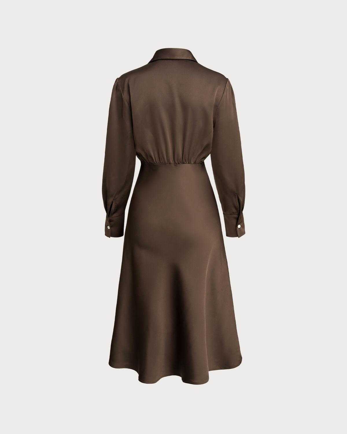 Coffee Ruched Button Midi Dress Product Image