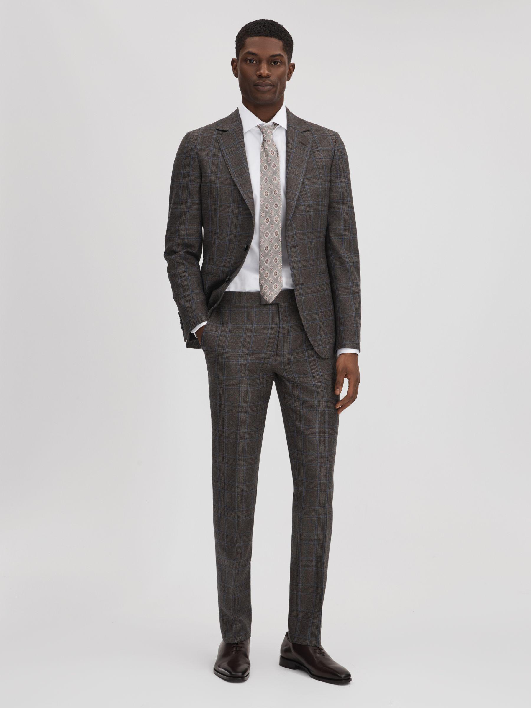 Slim Fit Wool Single Breasted Check Blazer in Brown Multi Product Image