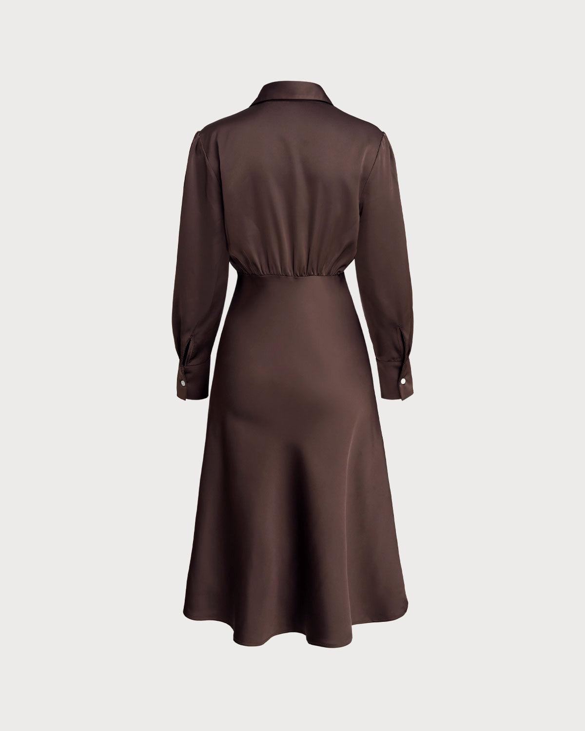 Coffee Ruched Button Midi Dress Product Image