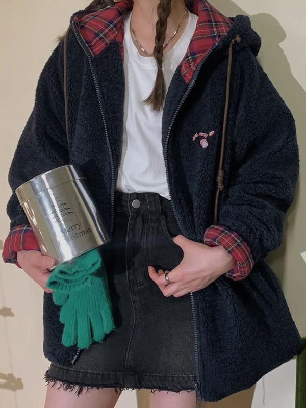 Plaid Lambswool Splice Embroidered Hooded Zip Up Jacket Product Image