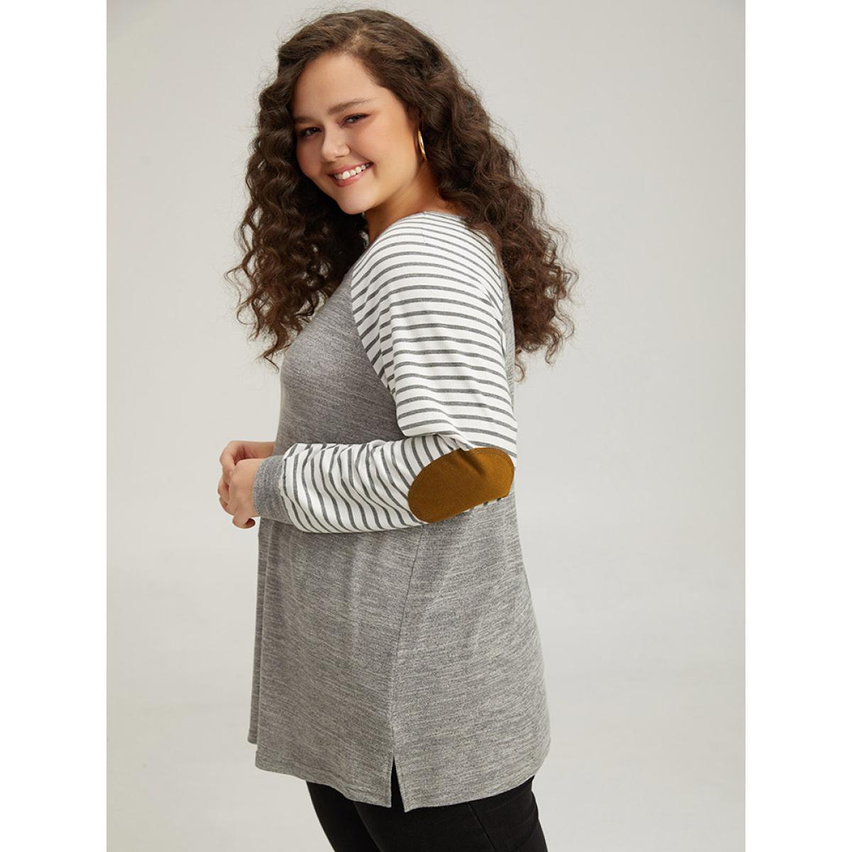Plus Size Striped Raglan Sleeve Patched Split Side T-shirt Gray Women Casual Contrast Striped Round Neck Dailywear T-shirts BloomChic 10/M Product Image