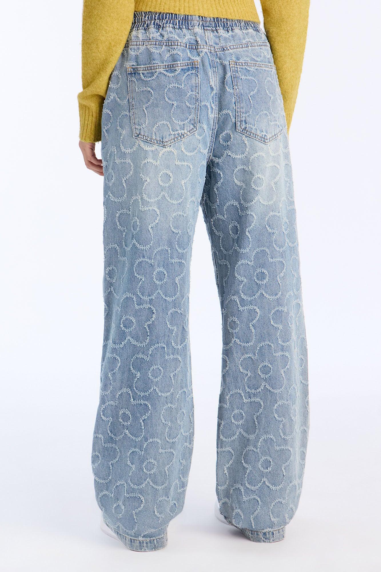 Flower Power Pull On Tie Waist Straight Leg Jeans - Medium Wash Female Product Image