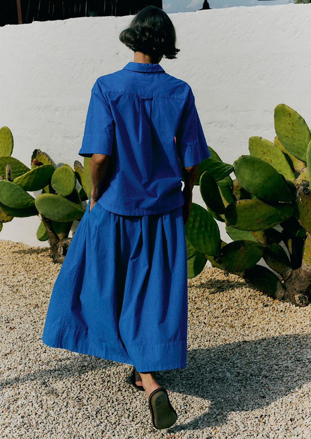 Pleated Cotton Linen Poplin Skirt | Enamel Blue Product Image