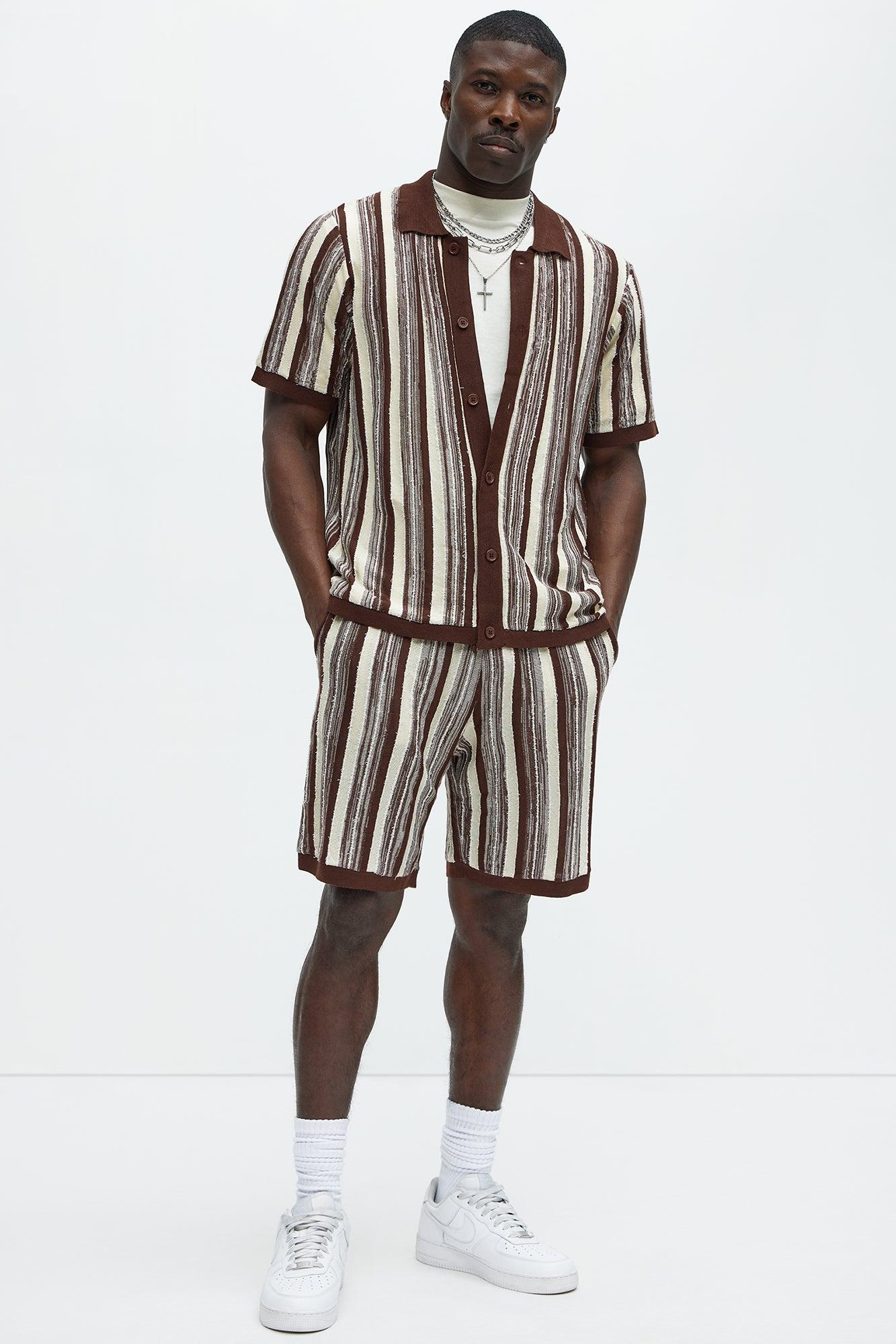 Textured Stripes Knitted Shirt - Brown Combo Product Image