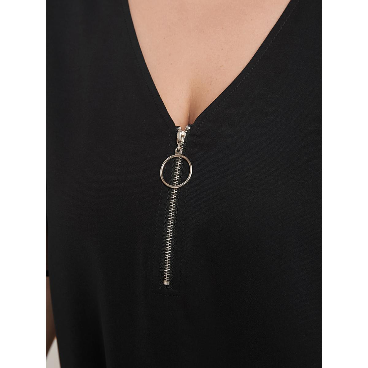 Plus Size Black Solid O Ring Zipper Mesh Ruffle Sleeve V Neck Blouse Women Office Short sleeve V-neck Work Blouses BloomChic 22-24/3X Product Image