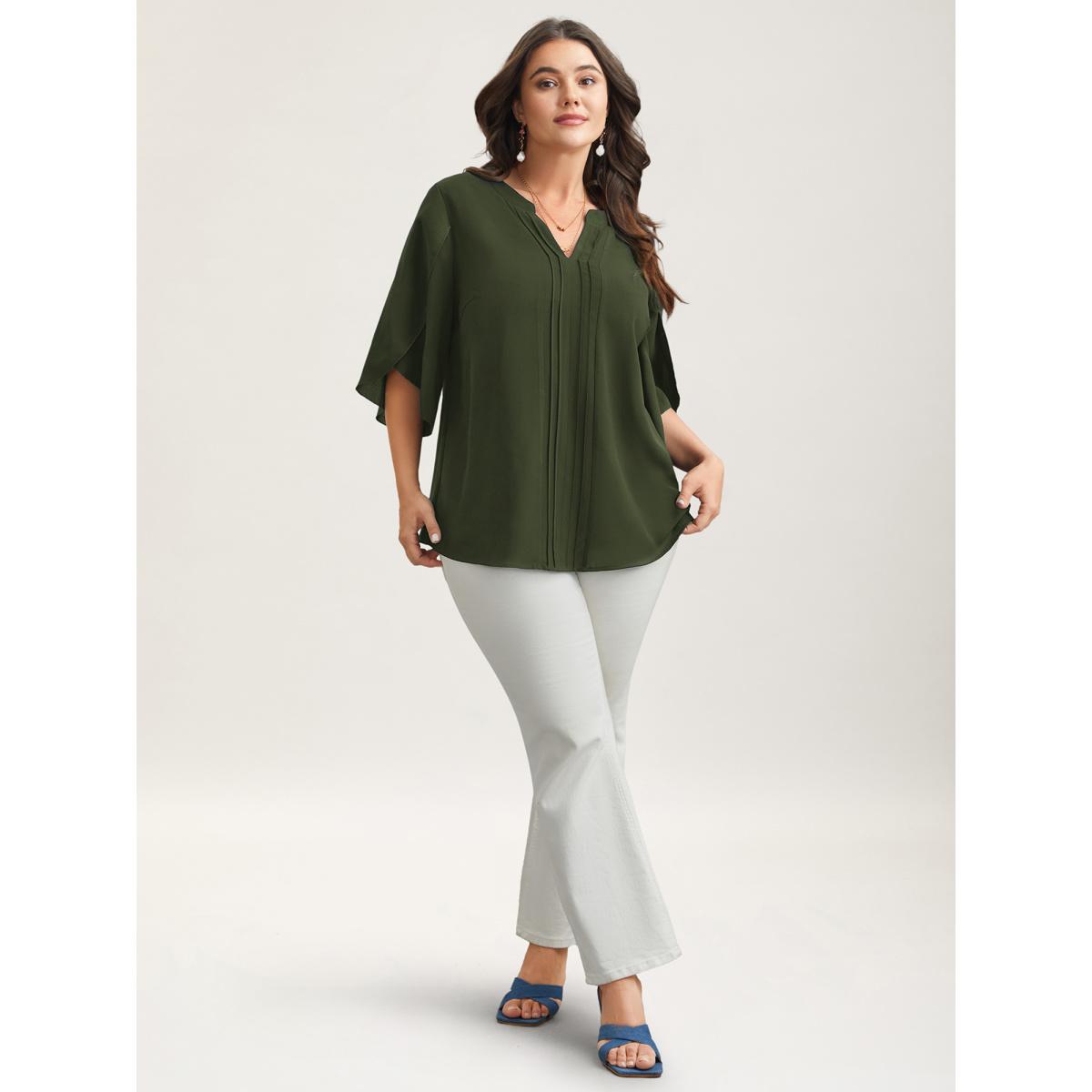 Plus Size ArmyGreen Petal Sleeve Toothpick Pleats Shirt Women At the Office Elbow-length sleeve Notched collar Work Blouses BloomChic 12/L Product Image