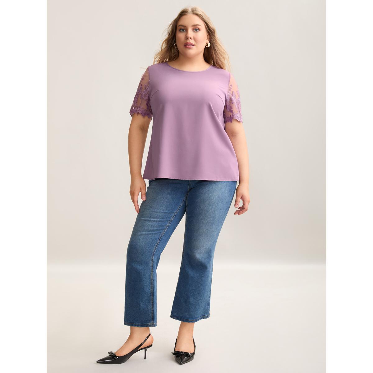 Plus Size Lilac Spliced Sheer Sleeve Plain Curvy Fit Blouse Women Elegant Short sleeve Round Neck Everyday Blouses BloomChic 28/5X Product Image