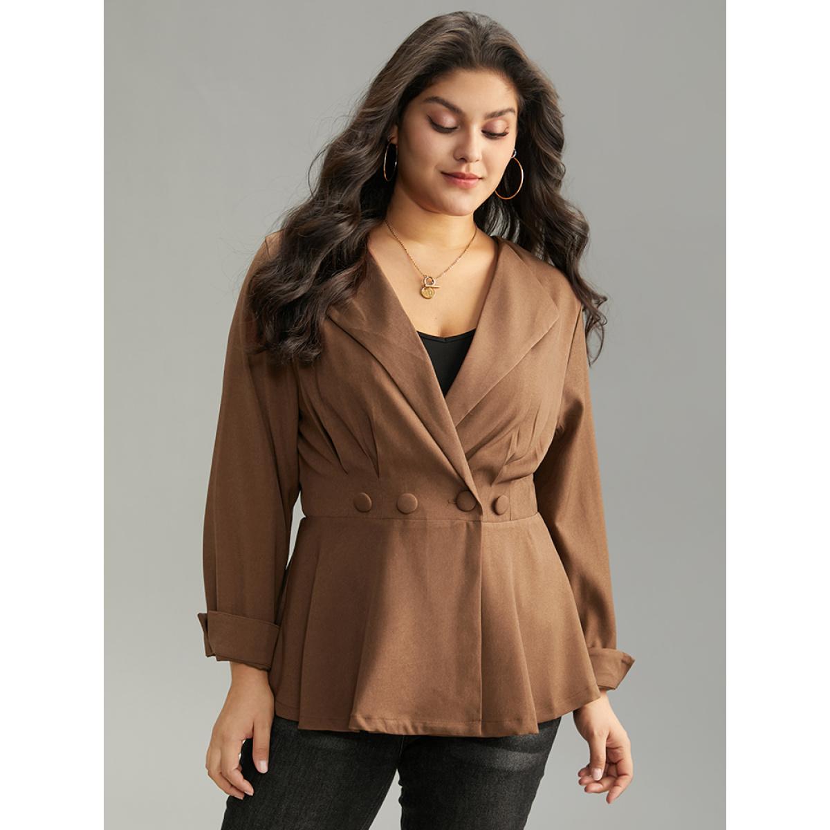 Plus Size Lapel Collar Buckle Detail Plicated Detail Coat Women DarkBrown Elegant Plain Bodycon Ladies Dailywear Winter Coats BloomChic 26/4X Product Image