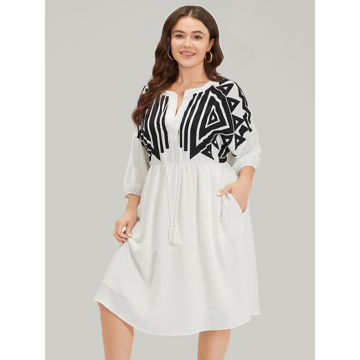 Plus Size Geometric Print Notched Ties Tassels Elastic Cuffs Dress White Women Vacation Elastic cuffs Notched collar Elbow-length sleeve Curvy Midi Dress BloomChic 30/6X Product Image