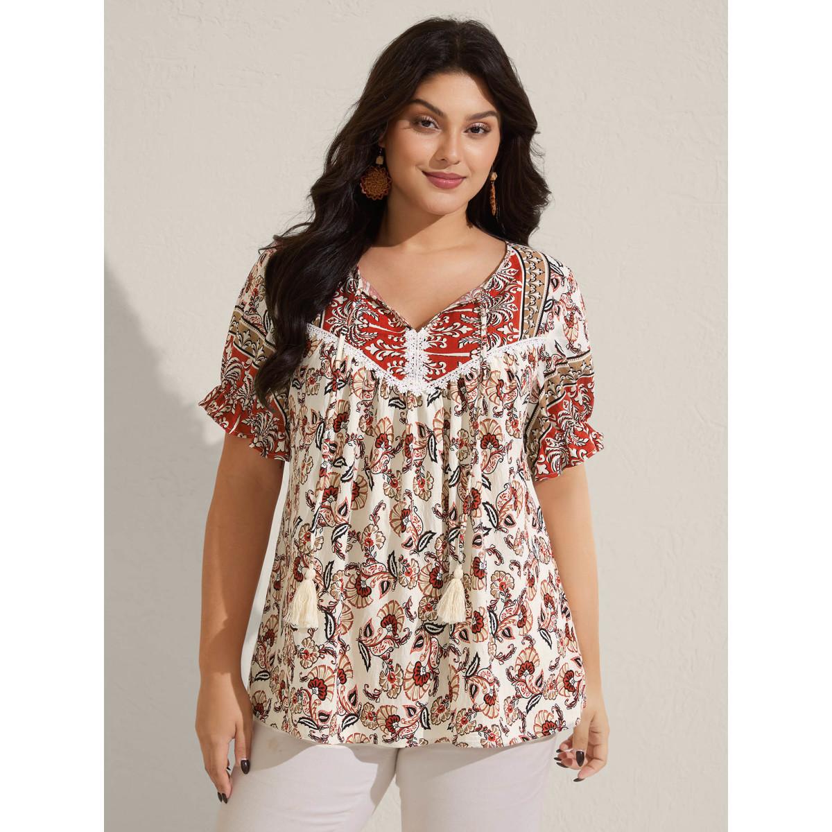 Plus Size Crimson Boho Floral Print Neck Tassels Blouse Women Boho Short sleeve Flat collar with V-notch Vacation Blouses BloomChic 28/5X Product Image