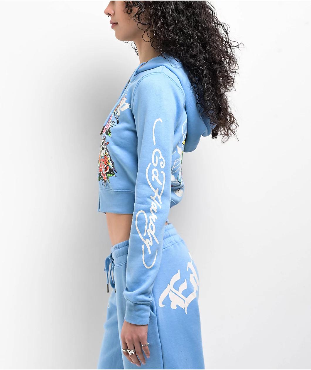 Ed Hardy Flower Skulls Powder Blue Crop Zip Hoodie Product Image