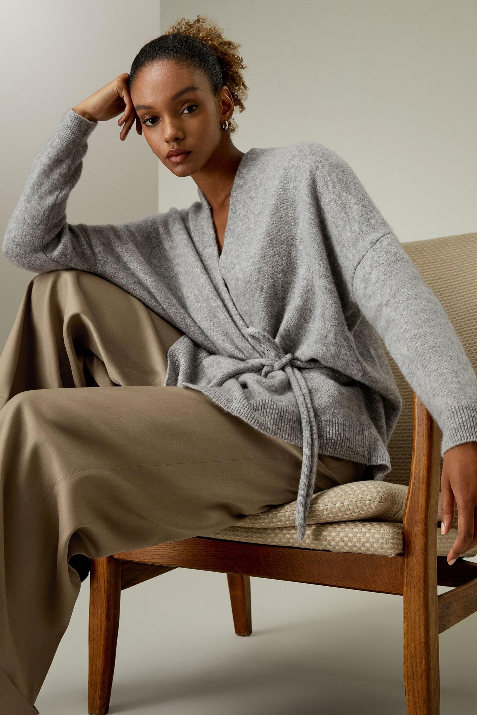 LILYSILK Cashmere Cardigan Women - Gray Cashmere Silk - Comfortable High Ribbed Sweater L Product Image