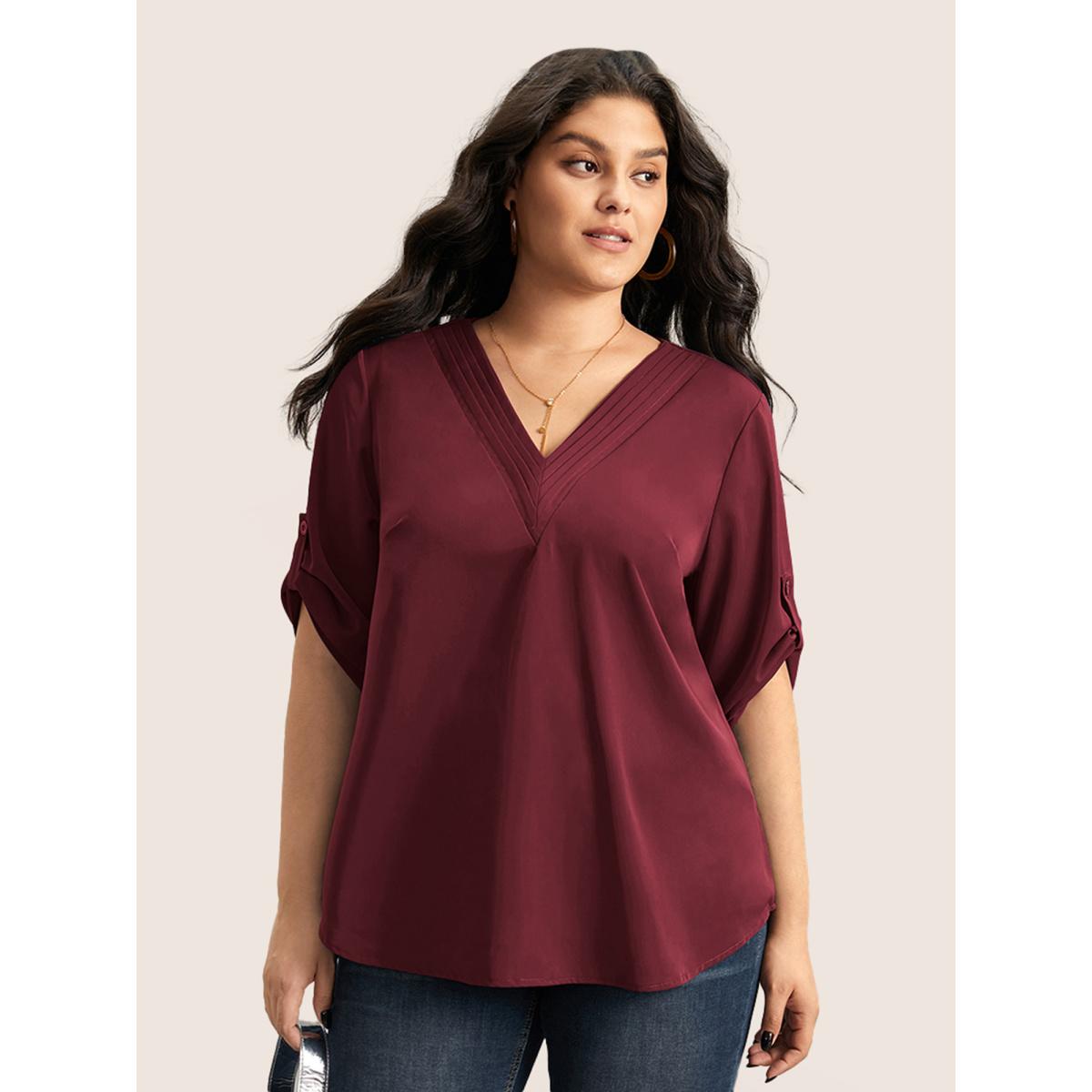 Plus Size Burgundy V Neck Plain Pleated Tab Sleeve Blouse Women At the Office Elbow-length sleeve V-neck Work Blouses BloomChic 12/L Product Image
