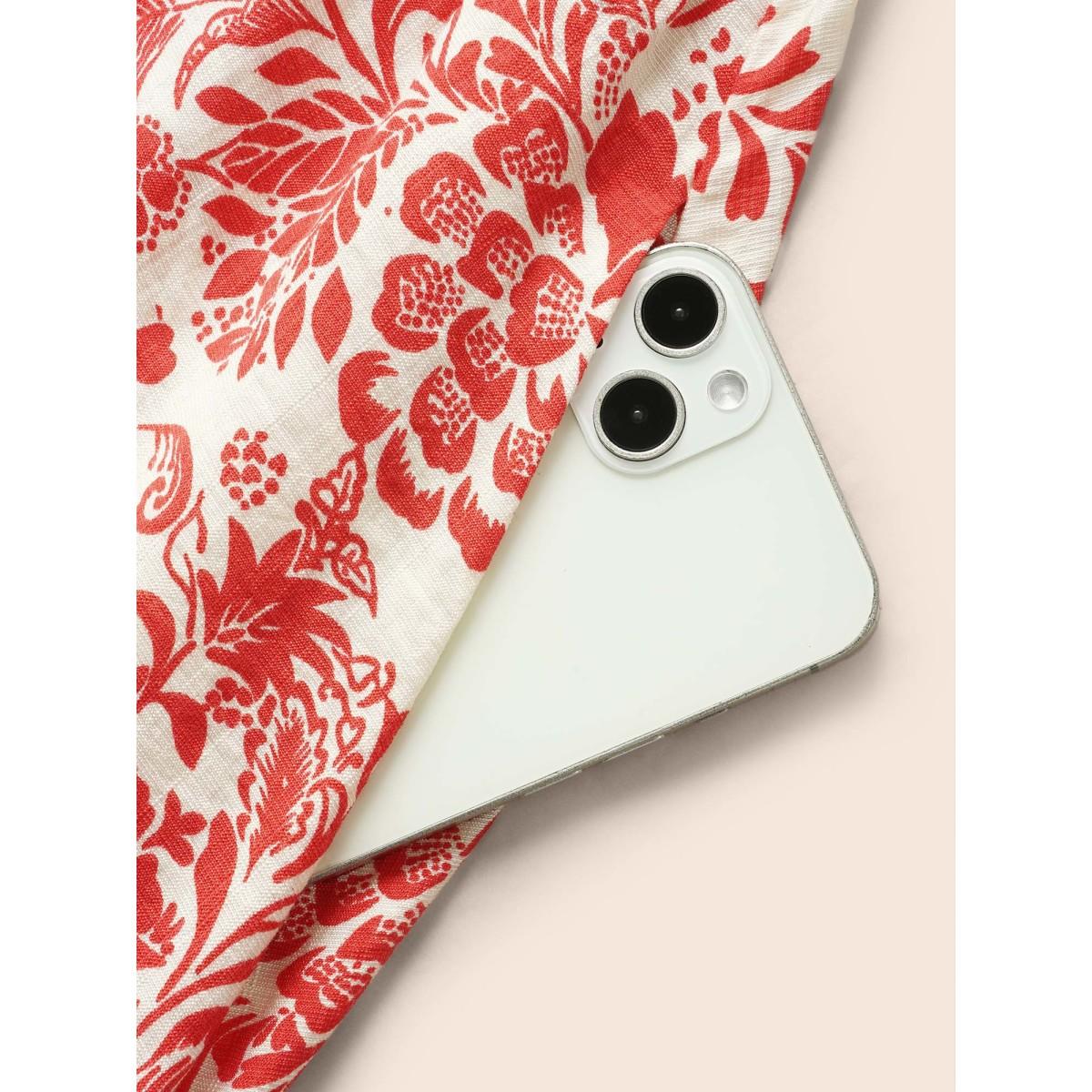 Plus Size Floral Lantern Sleeve Ruffle Trim Dress Crimson Women Elegant Ruffles V-neck Long Sleeve Curvy BloomChic 22-24/3X Product Image