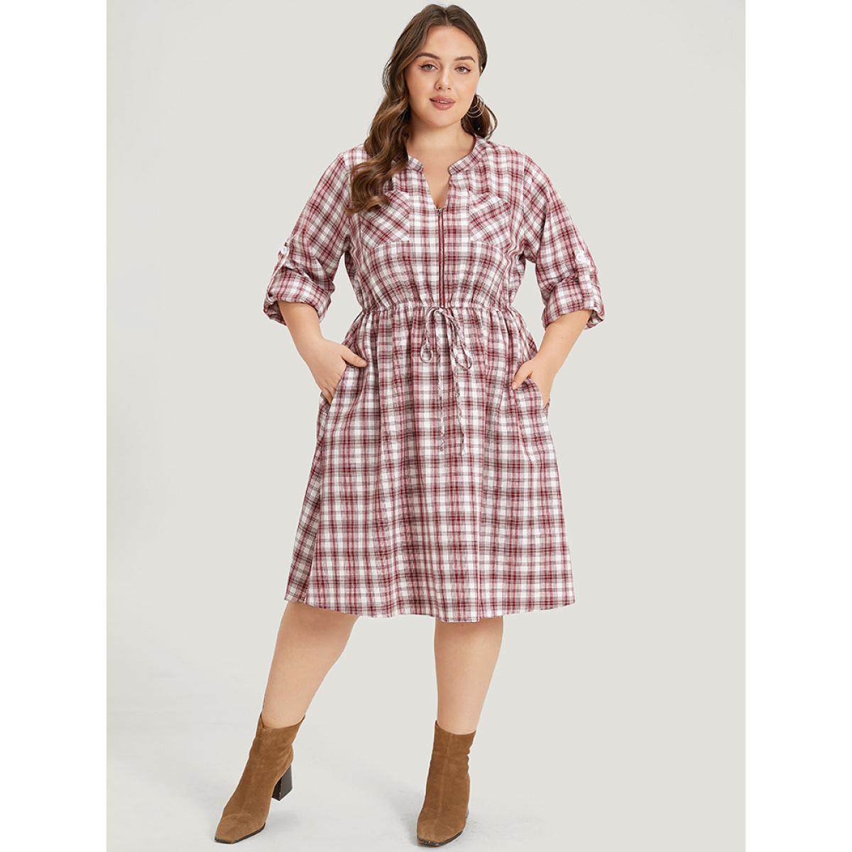 Plus Size Plaid Drawstring Zipper Notched Tab Sleeve Dress Raspberry Women Elegant Zipper Notched collar Long Sleeve Curvy Knee Dress BloomChic 12/L Product Image