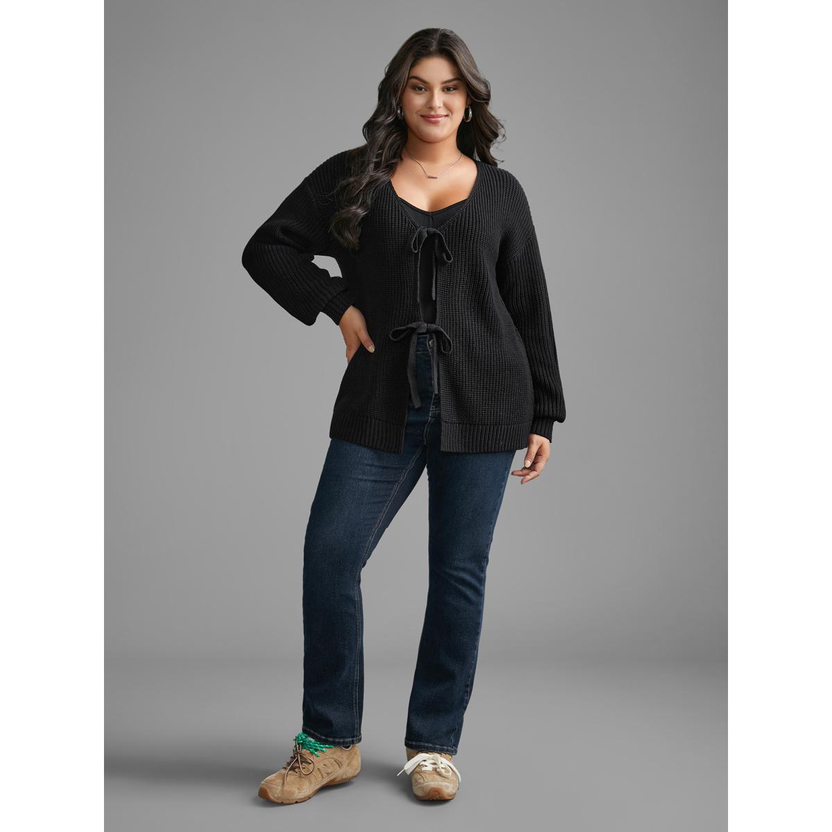 Plus Size Supersoft Essentials Solid Tie Knot Cardigan Black Women Casual Bodycon Long Sleeve Everyday Cardigans BloomChic 18-20/2X Product Image