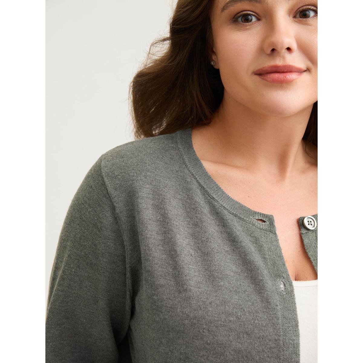 Plus Size Supersoft Button Round Neck Lightweight Cardigan DarkGray Women Leisure Loose Long Sleeve Casual Cardigans BloomChic 10/M Product Image