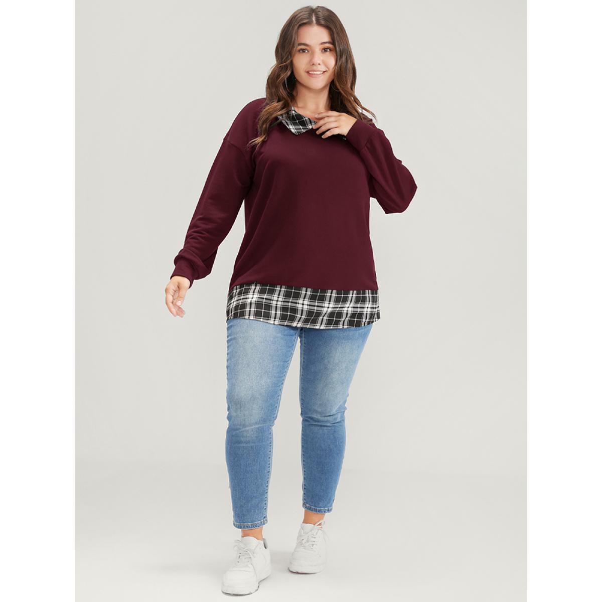 Plus Size Plaid Print Drop Shoulder 2-In-1 Sweatshirt Women Burgundy Casual Lapel Collar Dailywear Sweatshirts BloomChic 10/M Product Image