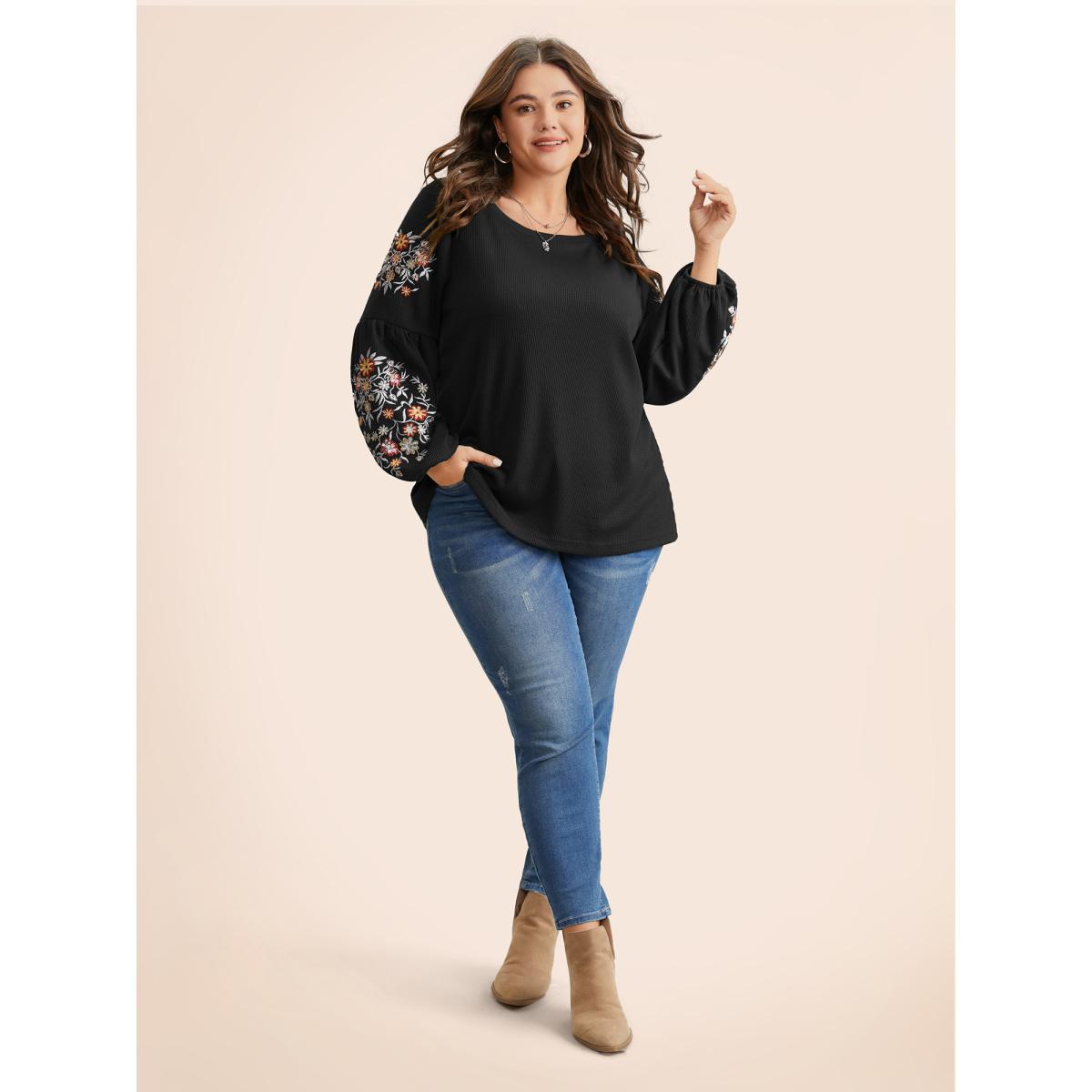 Plus Size Waffle Knit Floral Embroidered Lantern Sleeve T-shirt Black Women Leisure Texture Floral Round Neck Casual T-shirts BloomChic 28/5X Product Image