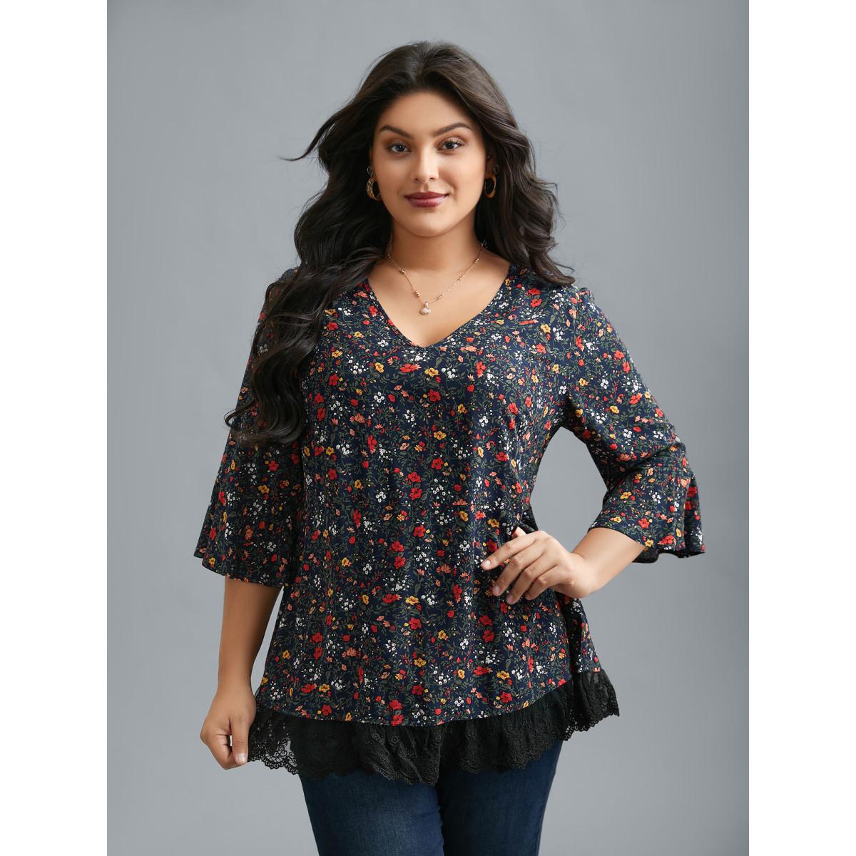 Plus Size Indigo V-Neck Floral Print Lace Hem Blouse Women Elegant Elbow-length sleeve V-neck Everyday Blouses BloomChic 14-16/1X Product Image