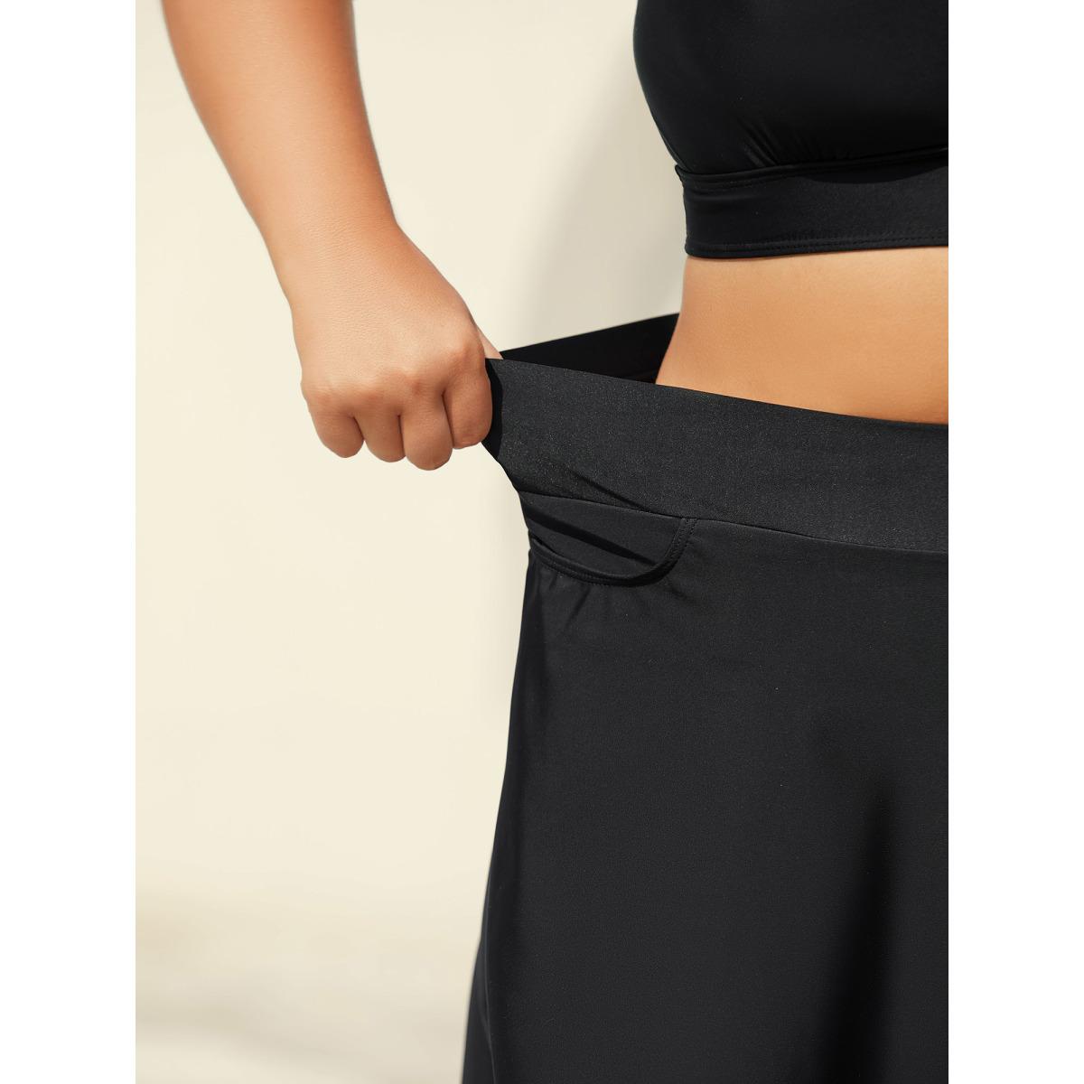 Plus Size Pleated Pockets Plain Swim Skirt Women's Swimwear Black Resort High stretch Bodycon High Rise Side seam pocket Curve Swim Bottoms BloomChic 22-24/3X Product Image