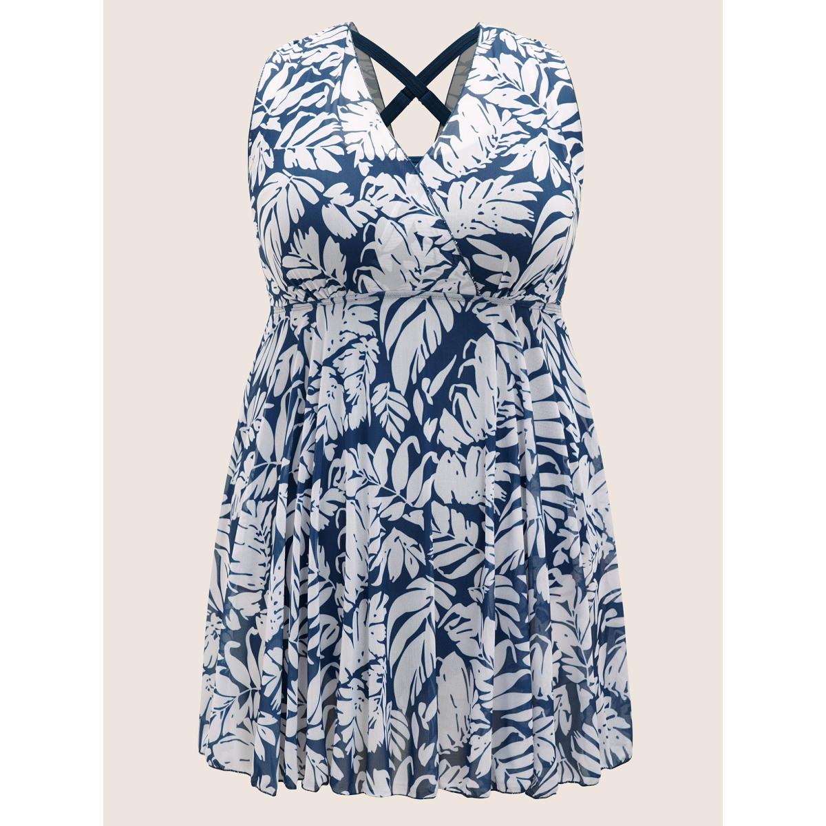 Plus Size Tropical Print V Neck Sleeveless Swim Dress Women's Swimwear Indigo Beach Bodycon V-neck High stretch Curve Swim Dresses BloomChic 10/M Product Image