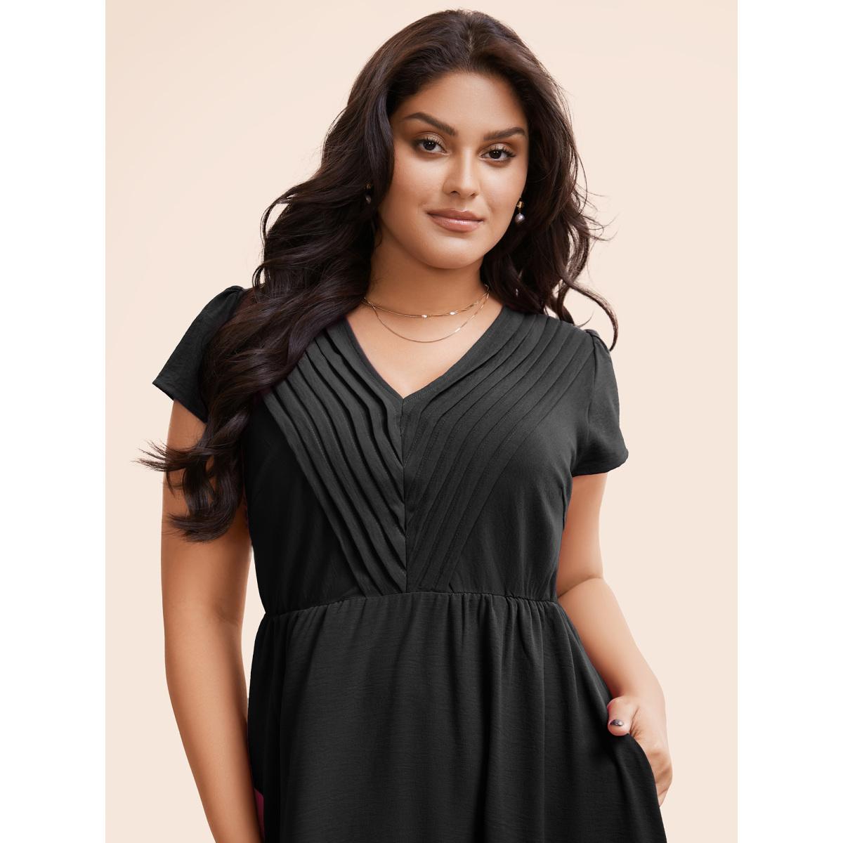 Plus Size Solid Ruffle Trim V Neck Pocket Pleated Front Dress Black Women Elegant Pleated V-neck Cap Sleeve Curvy Midi Dress BloomChic 30/6X Product Image