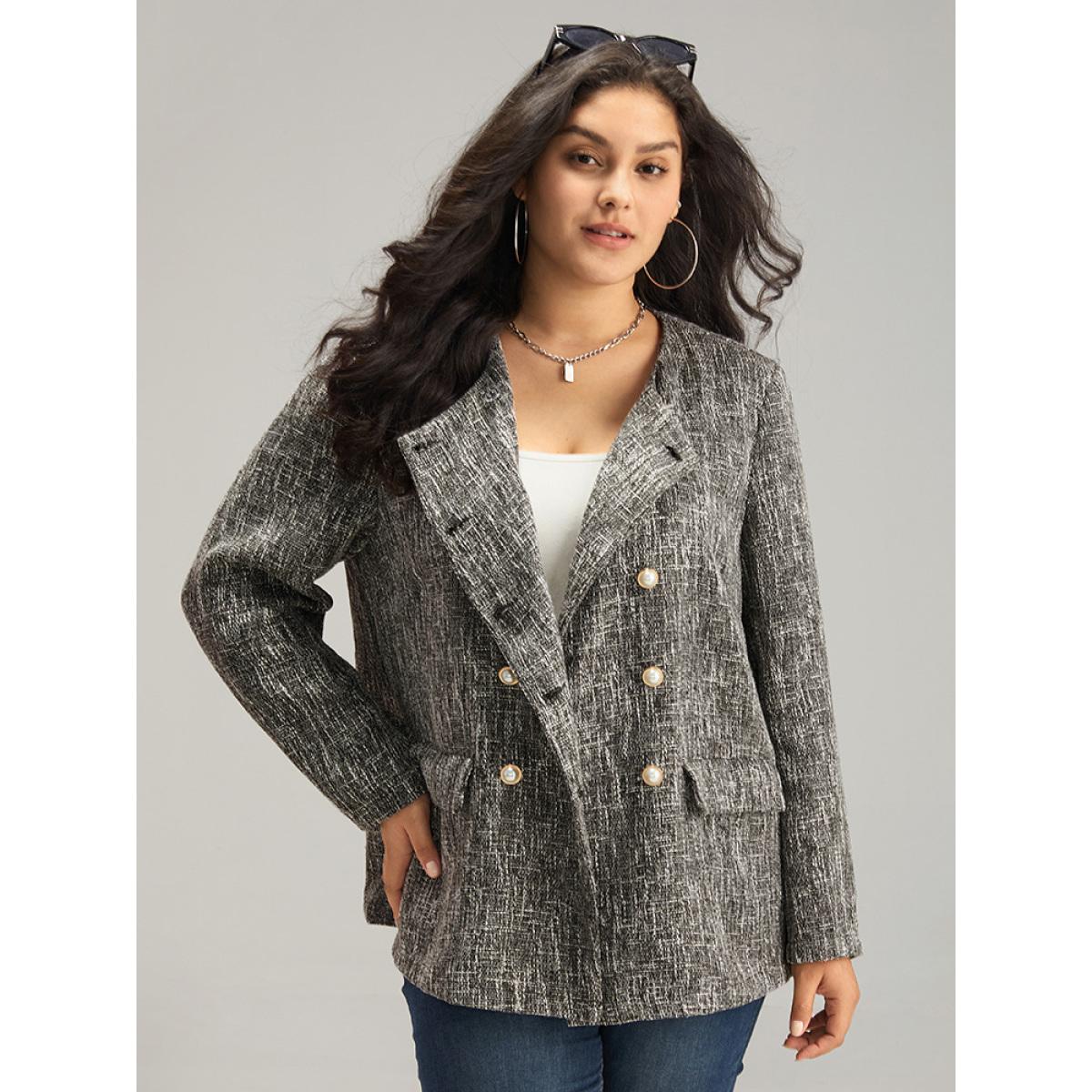 Plus Size Tweed Plisse Double Breasted Flap Pocket Coat Women Black Casual Texture Ladies Dailywear Winter Coats BloomChic 10/M Product Image