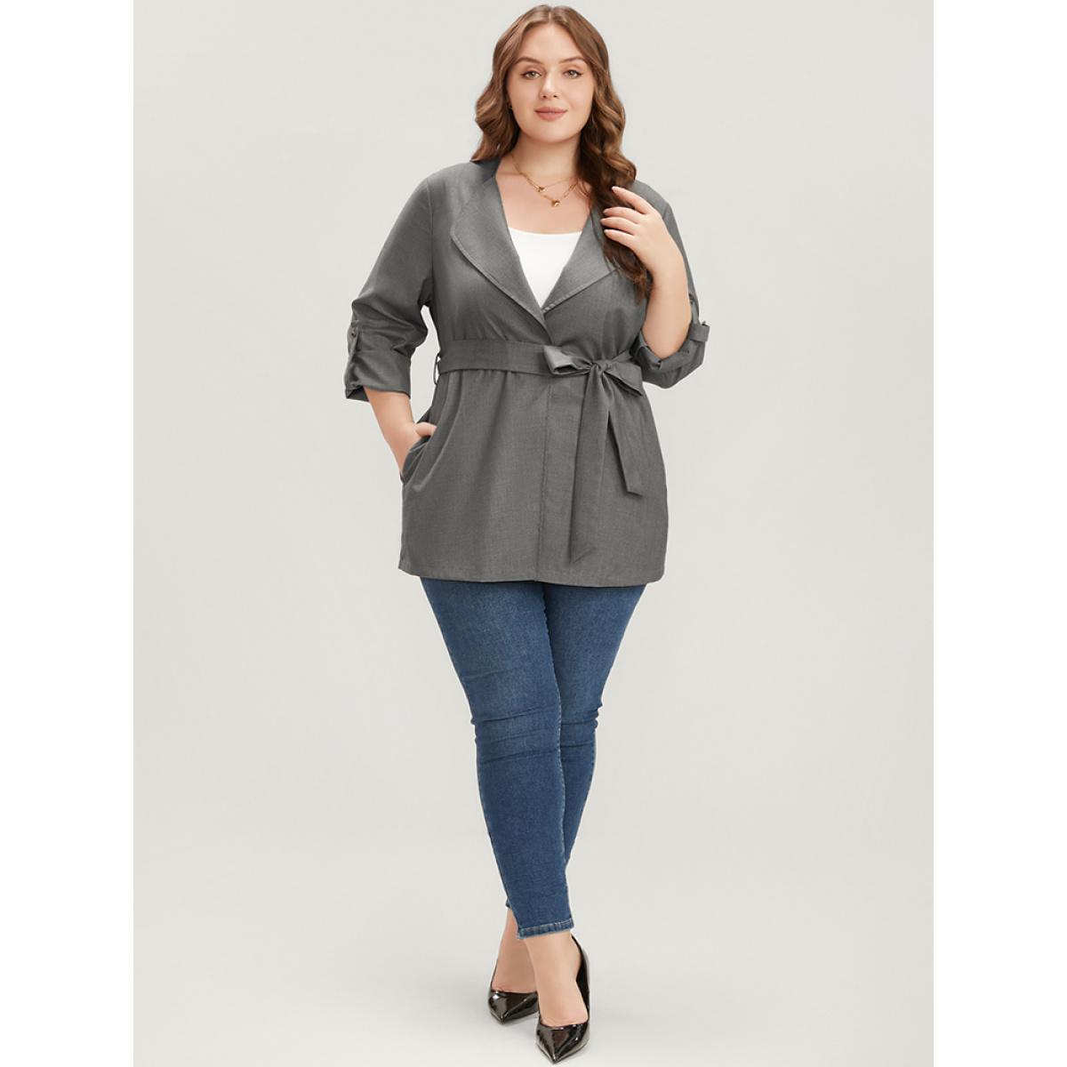 Plus Size Plain Lapel Collar Pocket Roll Sleeve Belted Coat Women Gray Office Pocket Ladies Dailywear Winter Coats BloomChic 14-16/1X Product Image