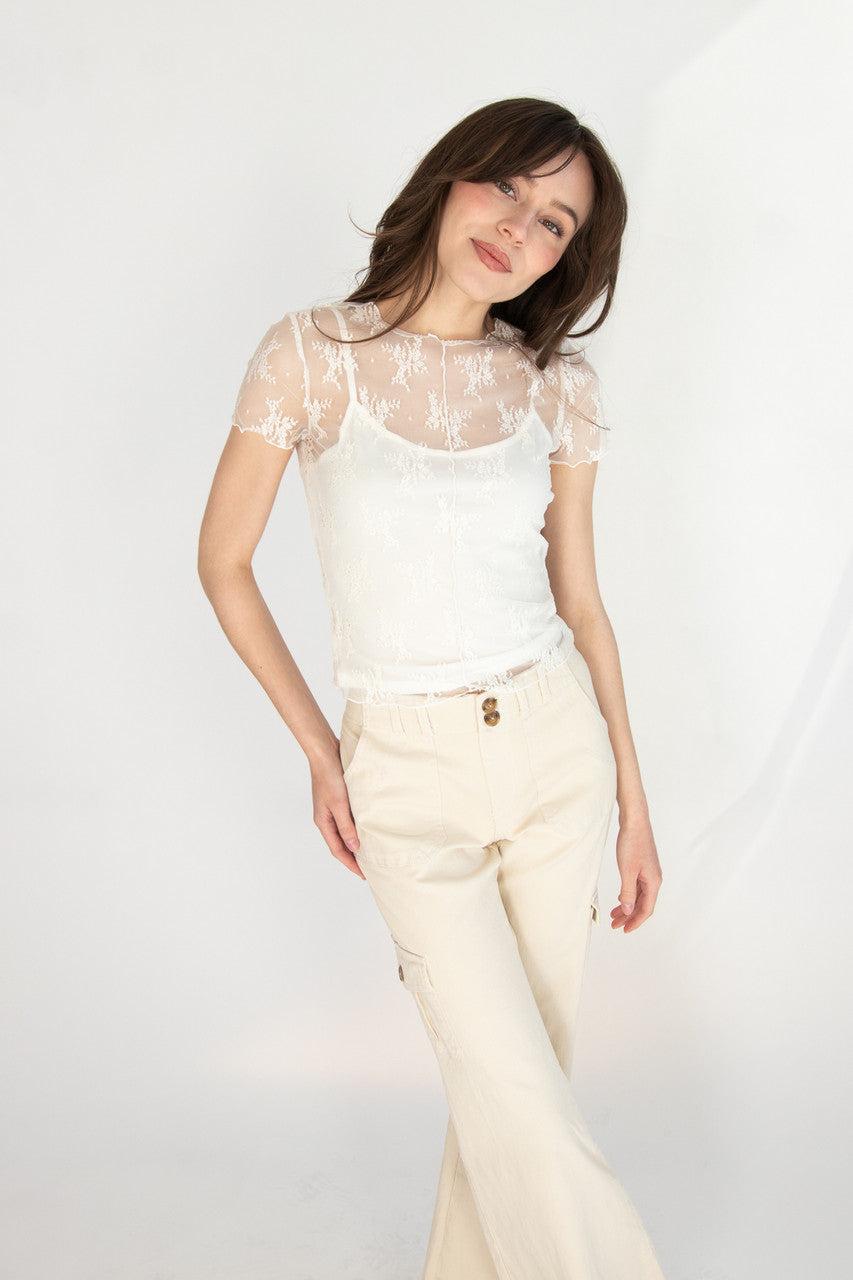 Floral Lace Mesh Tee With Cami Product Image