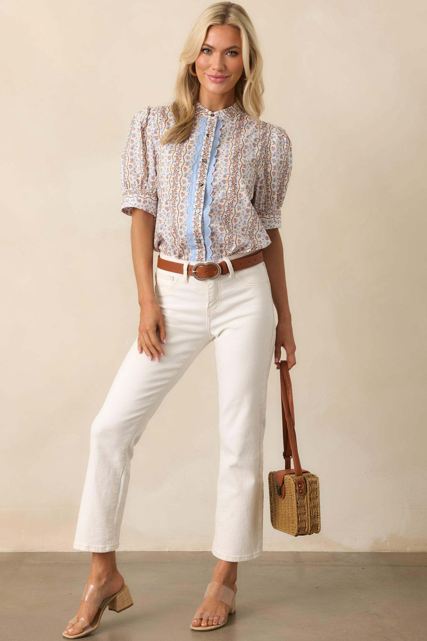 The Road Ahead Light Blue Floral Cotton Button Front Top Product Image