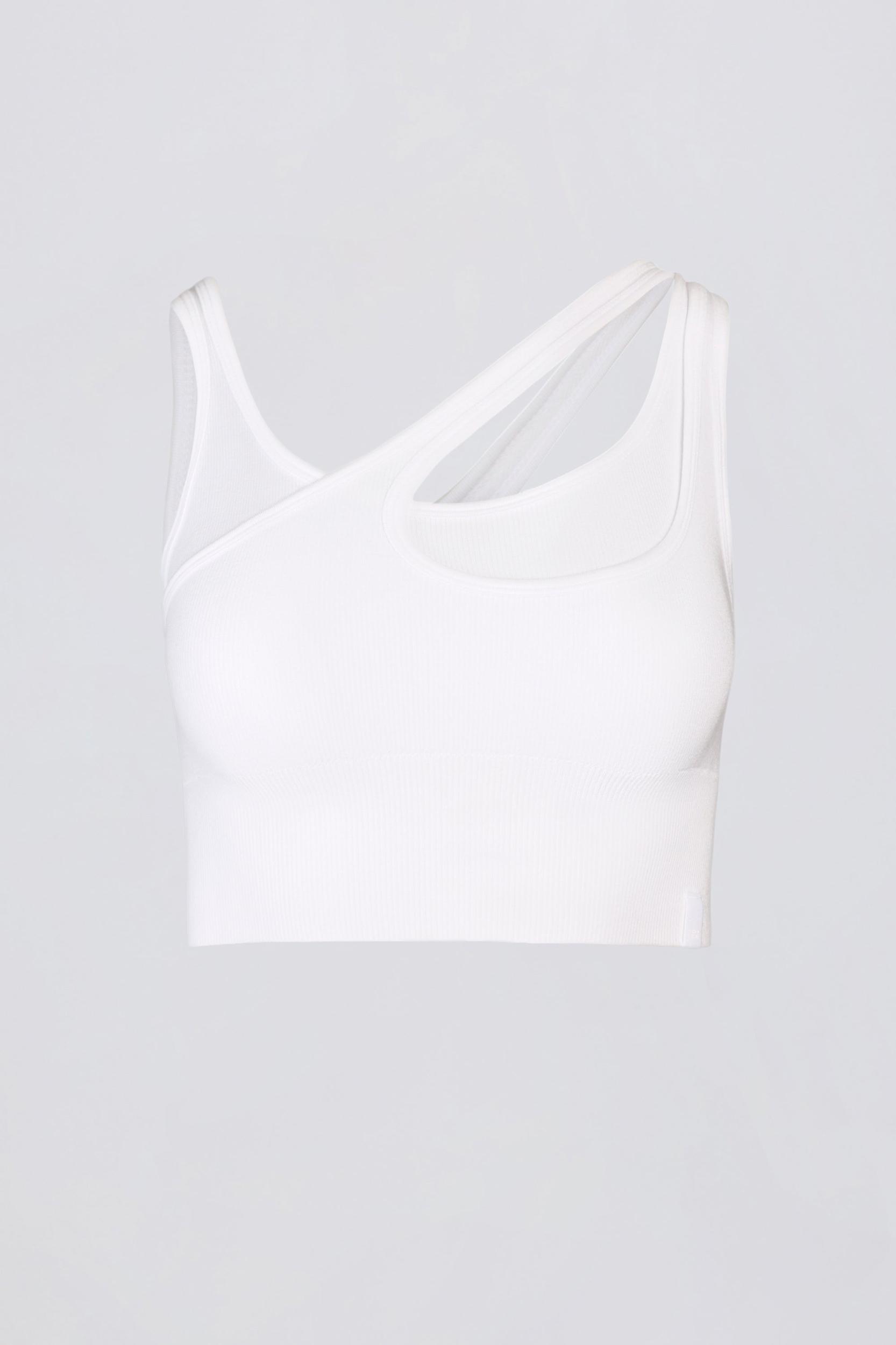 Seamless Soft Rib Asymmetric Sports Bra in White Product Image