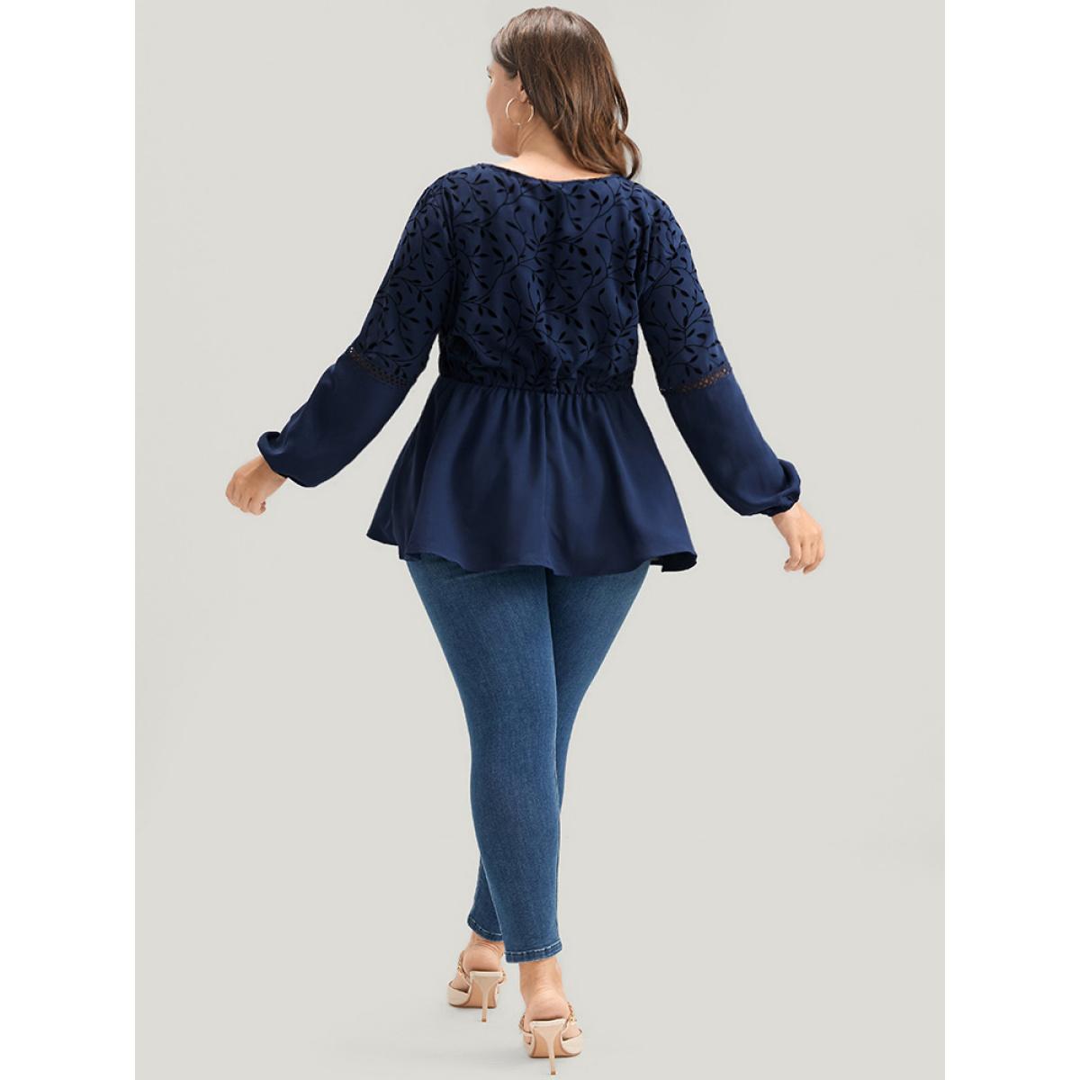 Plus Size DarkBlue Plants Lantern Sleeve Lace Insert Blouse Women Glamour Long Sleeve V-neck Going out Blouses BloomChic 10/M Product Image
