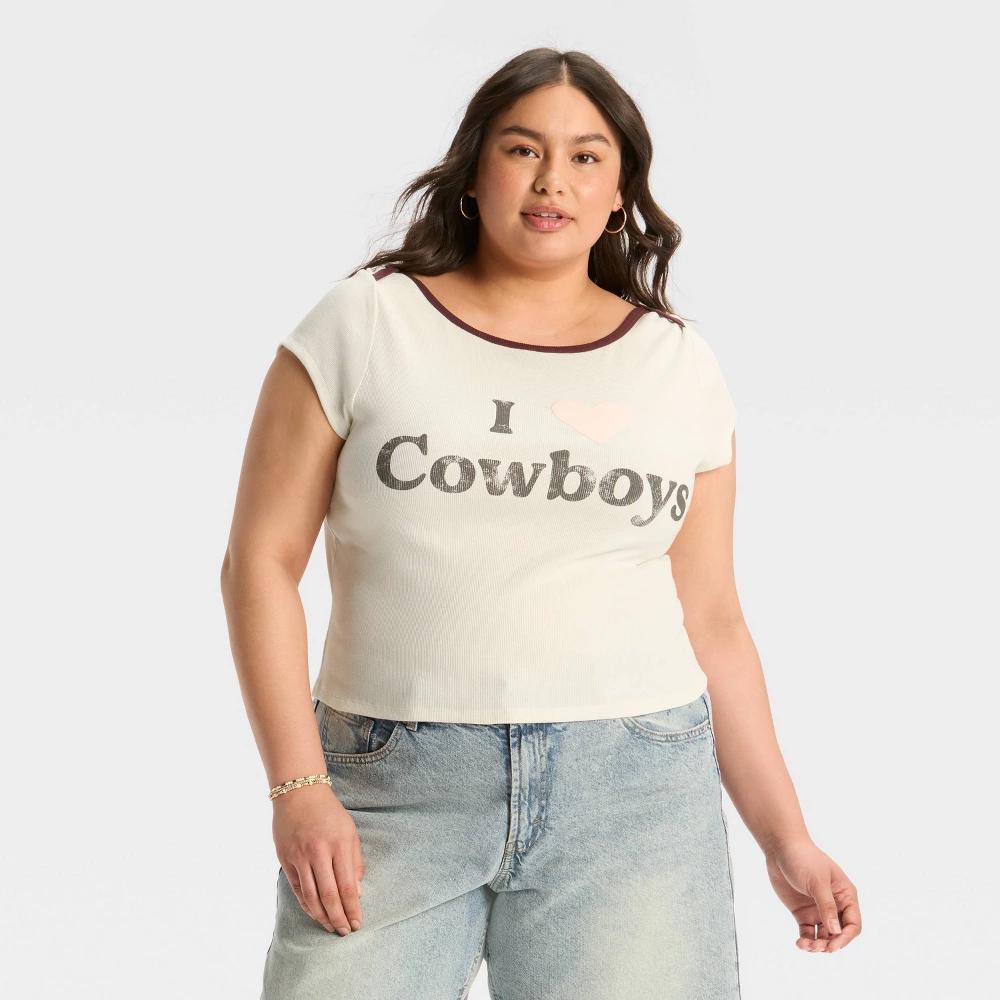 Women's "I Heart Cowboys" Short Sleeve Graphic Baby T-Shirt - Cream Product Image