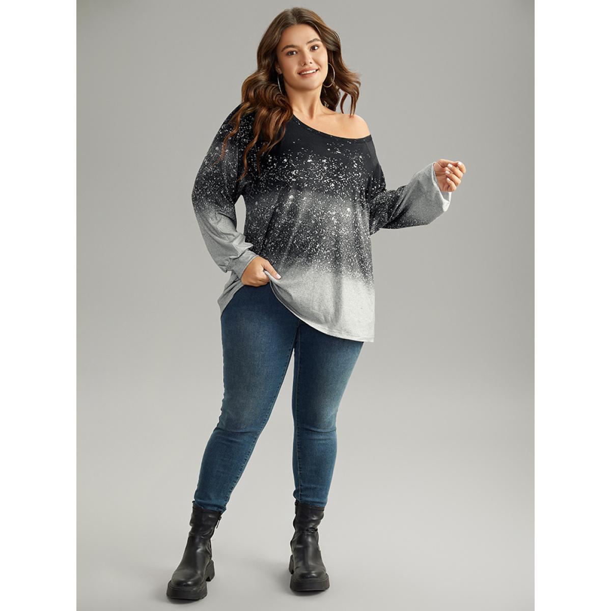 Plus Size Ombre Raglan Sleeve Contrast T-shirt BlackFlower Women Casual Elastic cuffs Colorblock Round Neck Everyday T-shirts BloomChic 10/M Product Image