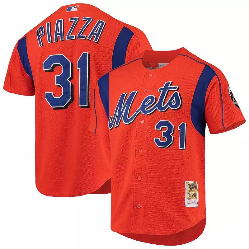 Men's Mitchell & Ness Mike Piazza Orange New York Mets Cooperstown Collection Mesh Batting Practice Button-Up Jersey,  Product Image