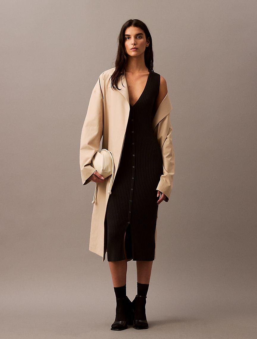 Smooth Cotton Rib Sweater Midi V-Neck Dress Product Image