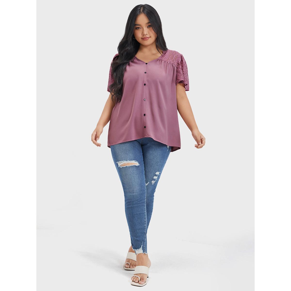 Plus Size DustyPink Plain Contrast Lace Ruffles Button V Neck Blouse Women Casual Short sleeve V-neck Dailywear Blouses BloomChic 22-24/3X Product Image