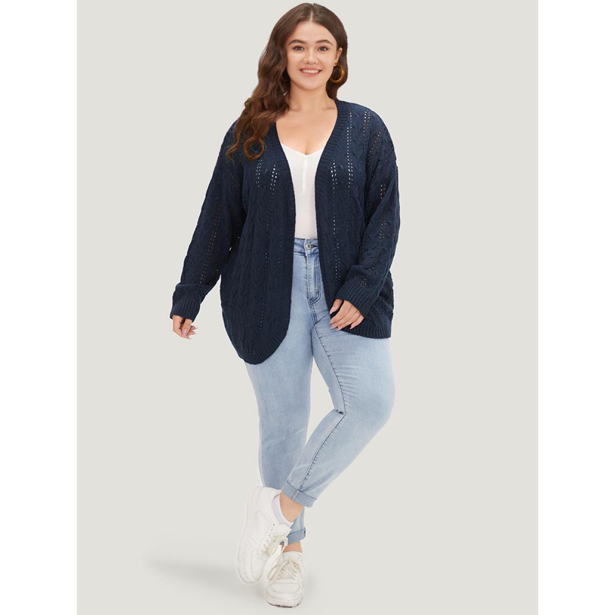 Plus Size Plain Eyelet Curved Hem Drop Shoulder Cardigan Indigo Women Casual Loose Long Sleeve Everyday Cardigans BloomChic 14-16/1X Product Image