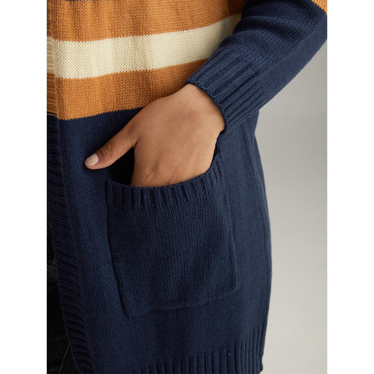 Plus Size Cable Knit Colorblock Contrast Open Front Cardigan Multicolor Women Casual Loose Long Sleeve Dailywear Cardigans BloomChic 28/5X Product Image