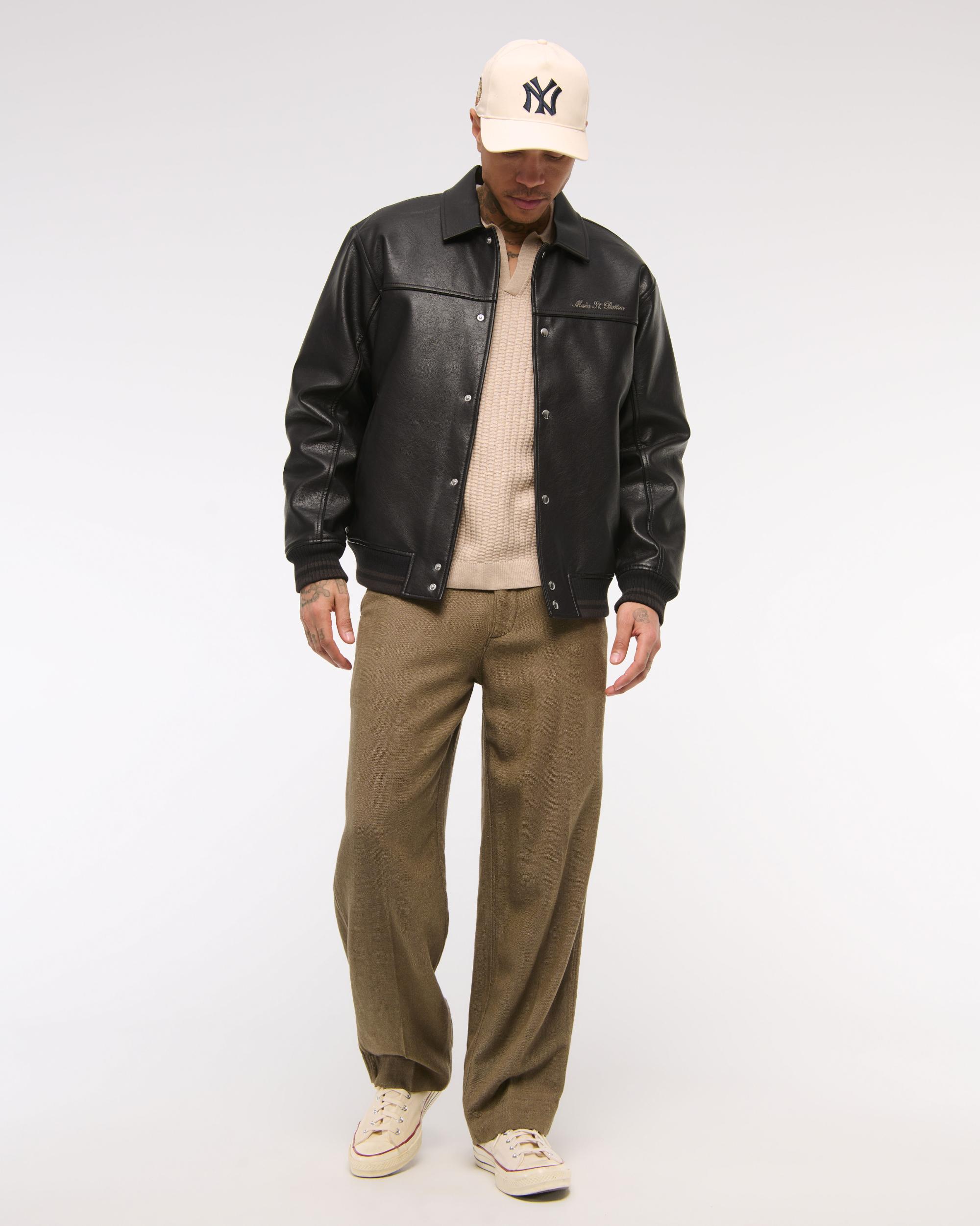 Vegan Leather Varsity Bomber Jacket Product Image