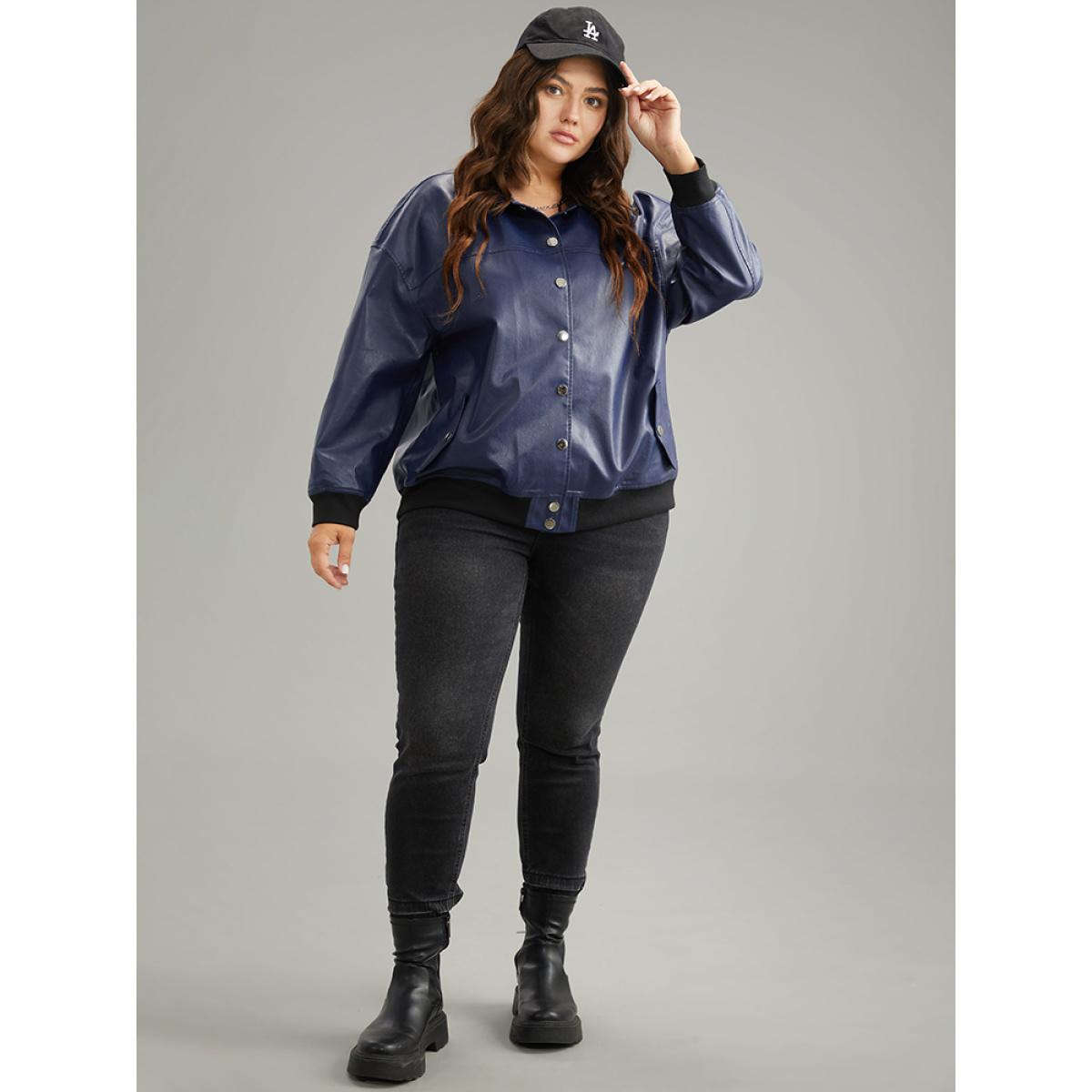 Plus Size PU Patchwork Pocket Button Through Jacket Women Indigo Elastic cuffs Dailywear Jackets BloomChic 14-16/1X Product Image