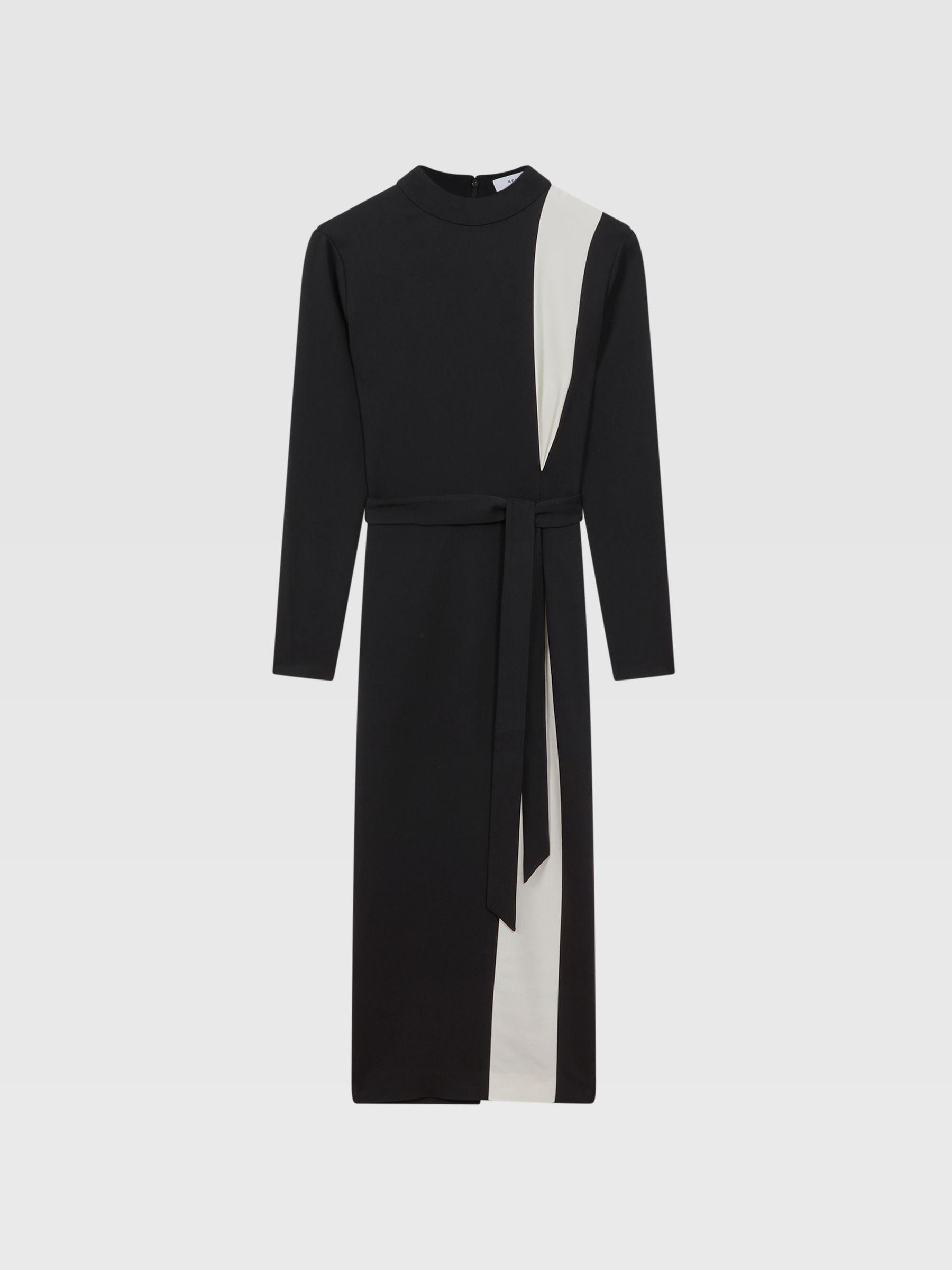 Contrast Stripe Belted Midi Dress in Black/White Product Image